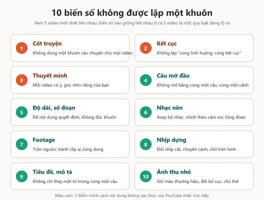 10 biến số chống lặp khuôn nội dung YouTube: cốt truyện, kết cục, thuyết minh, mở đầu, độ dài, nhạc, footage, nhịp dựng, tiêu đề, ảnh thu nhỏ